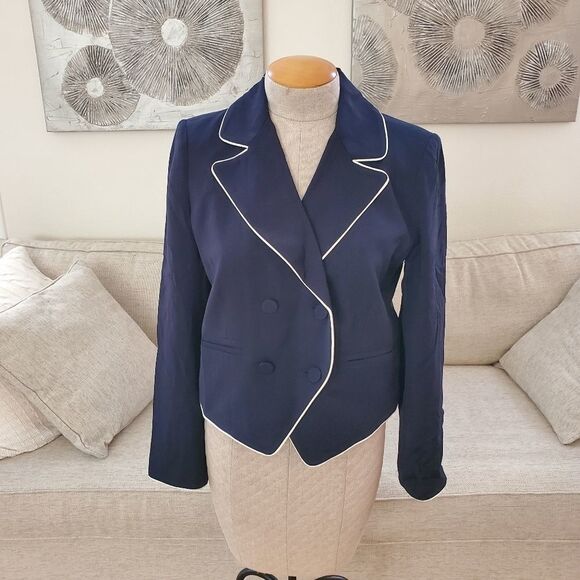 FRAME Contrast Piping Cropped Blazer sz 6 in Navy - Picture 3 of 12